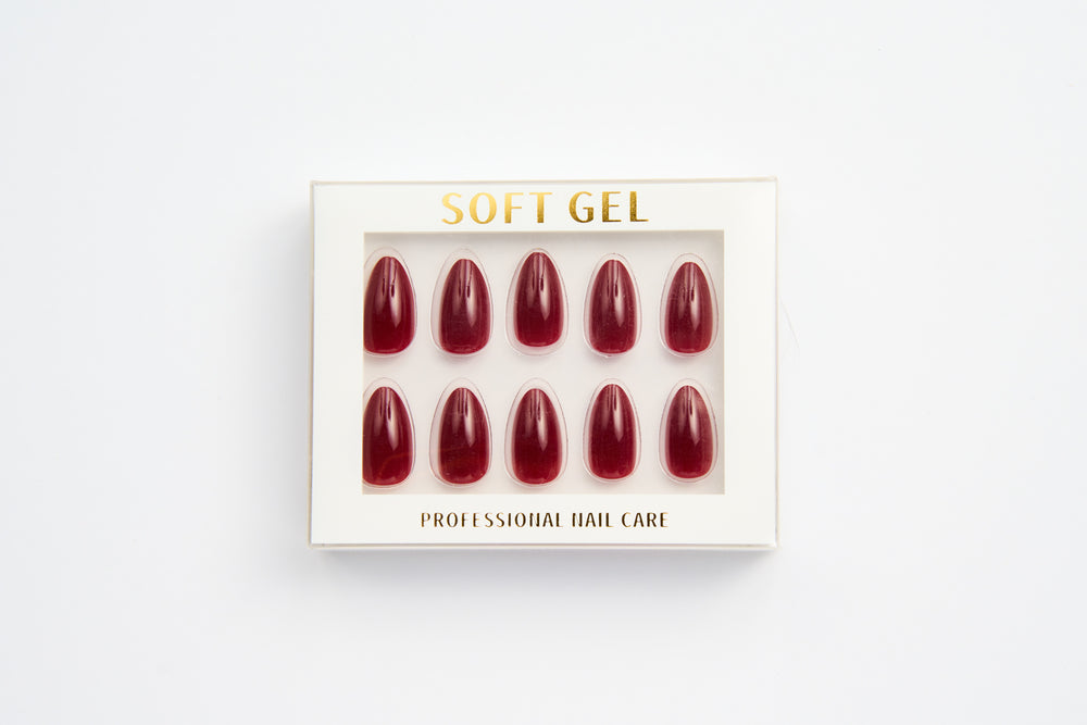 Soda Factory Dark Red press-on nails in the Nail Concrete Soft Gel box