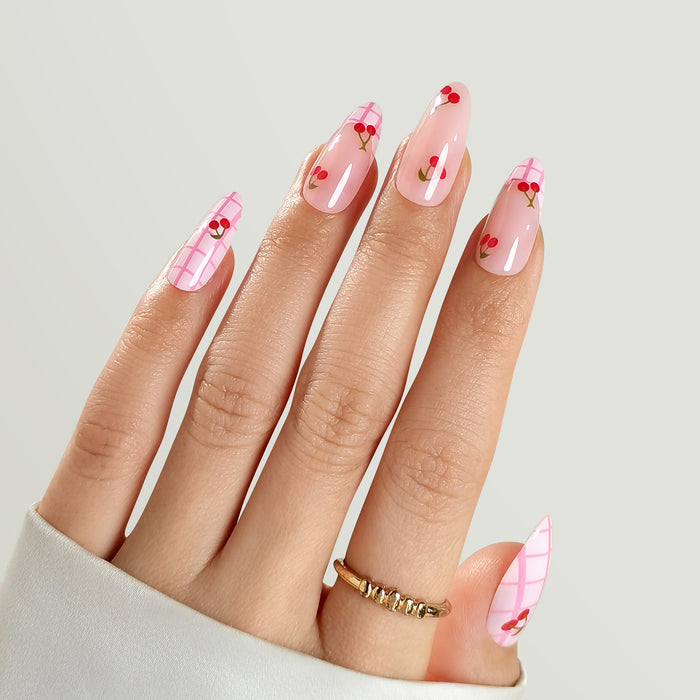 The Long Lunch Pink Cherry Detail Press-On Gel Nails